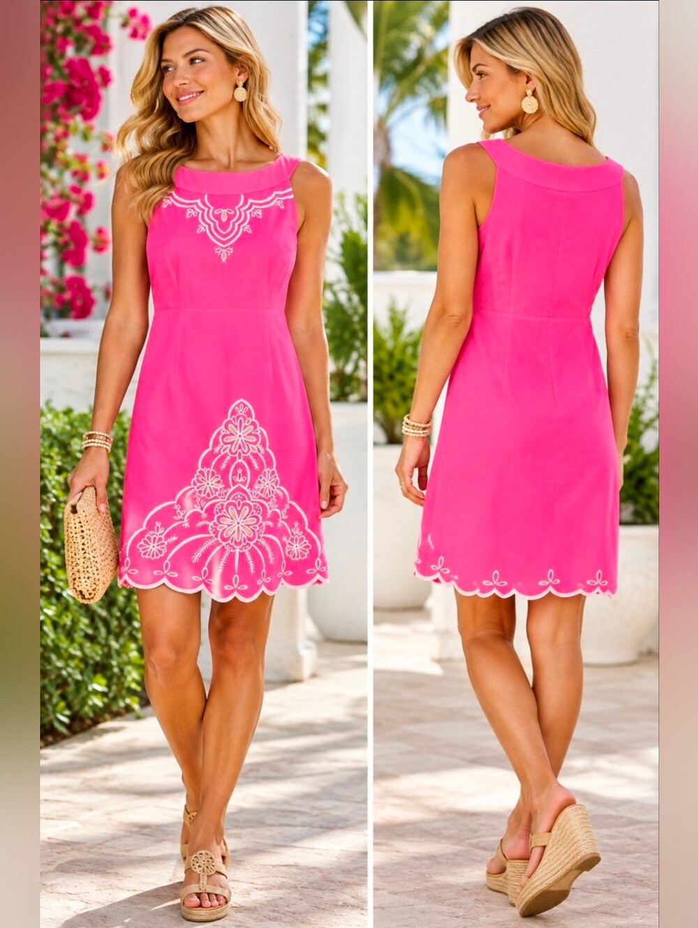 Lilly Pulitzer Jacqueline Shift Dress Pink Embroidered Scalloped Hem Line Sz 10